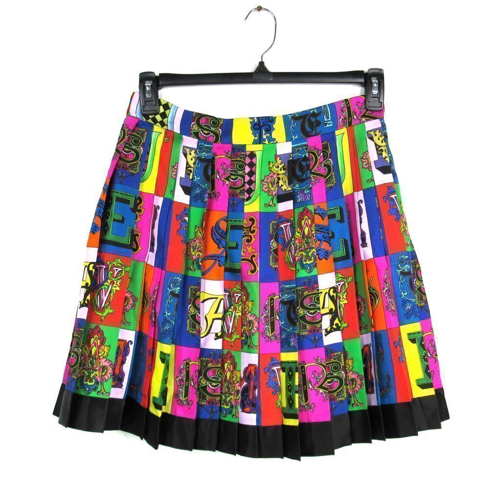 Versace First Line Alphabet Print Pleated Silk Skirt, Size 8 US / 44 IT - Blue
